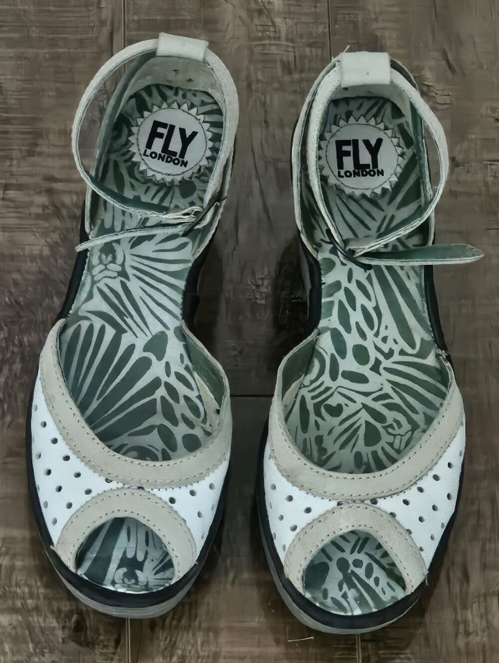FLY London Women's White & Beige Perforated Open-Toe Sandals Size 7.5